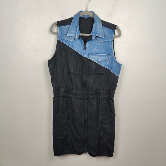 Desigual Sidney Dress Womens XL Denim Black Colorblock Sleeveless Shirt Zip Up - Picture 2 of 9